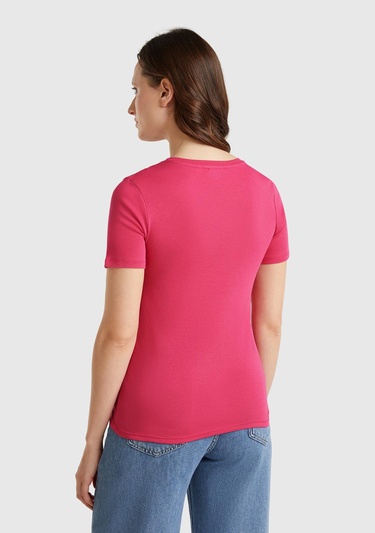  Kadın Fuşya %100 Pamuk V Yaka Basic T-Shirt