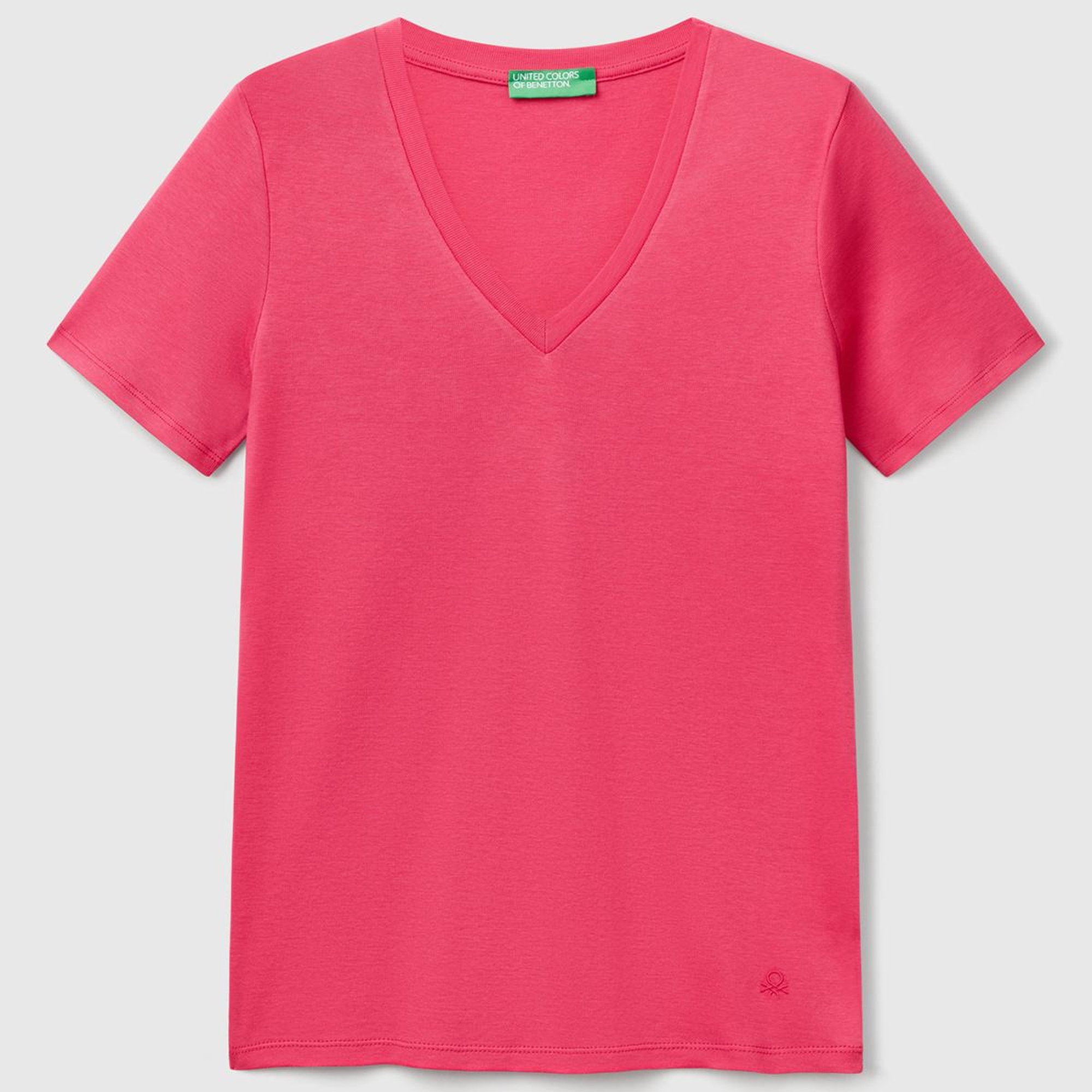 Kadın Fuşya %100 Pamuk V Yaka Basic T-Shirt