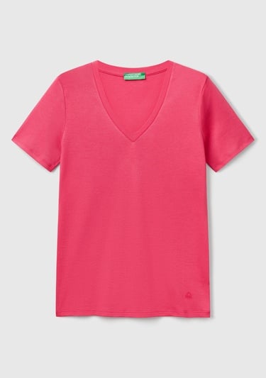 Kadın Fuşya %100 Pamuk V Yaka Basic T-Shirt