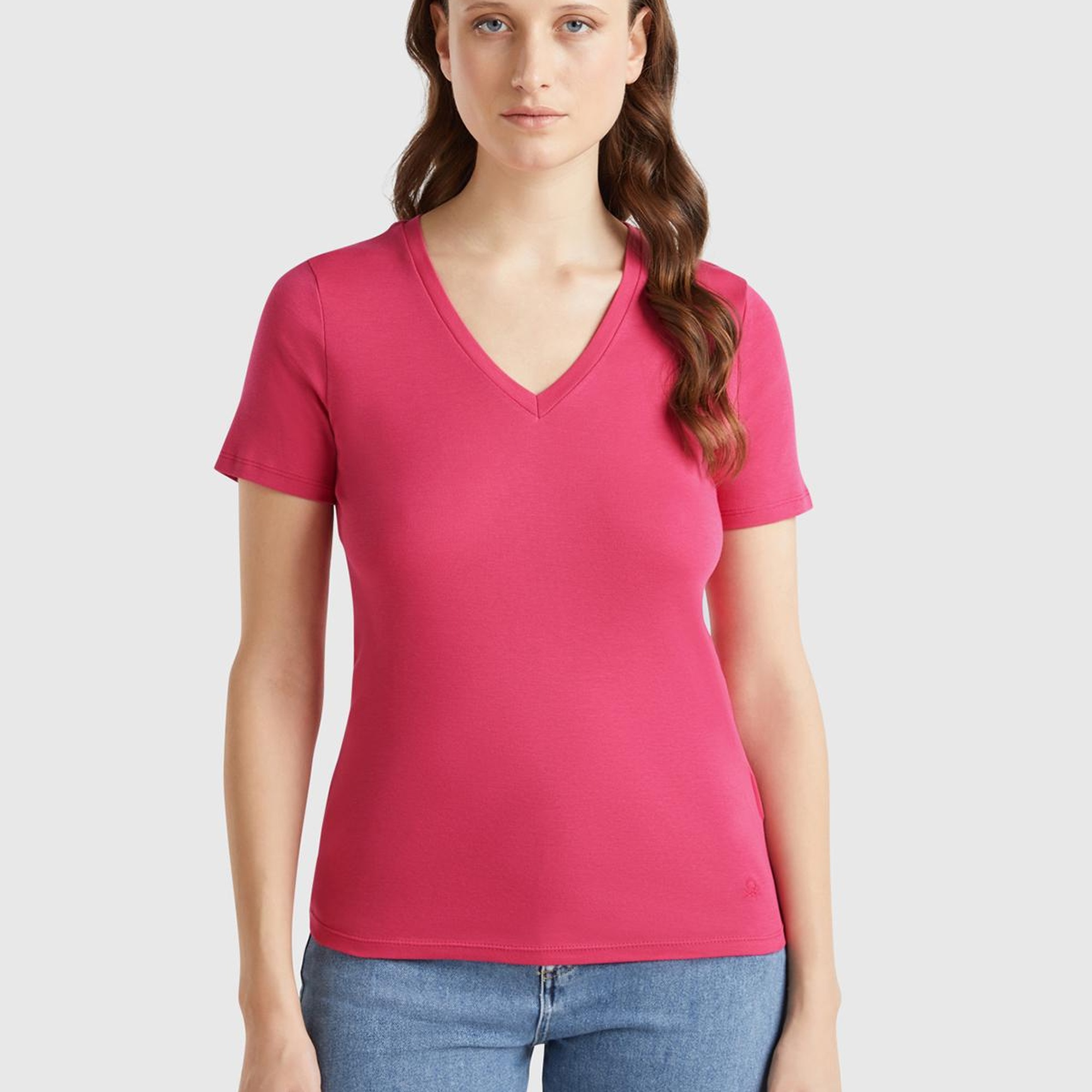 Kadın Fuşya %100 Pamuk V Yaka Basic T-Shirt