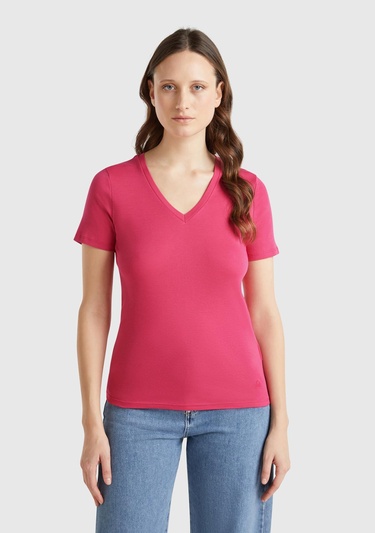  Kadın Fuşya %100 Pamuk V Yaka Basic T-Shirt