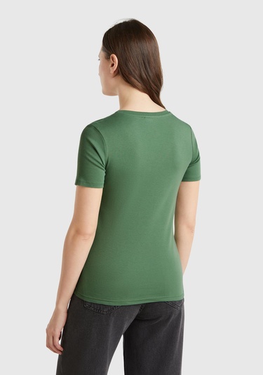  Kadın Açık Yeşil %100 Pamuk V Yaka Basic T-Shirt