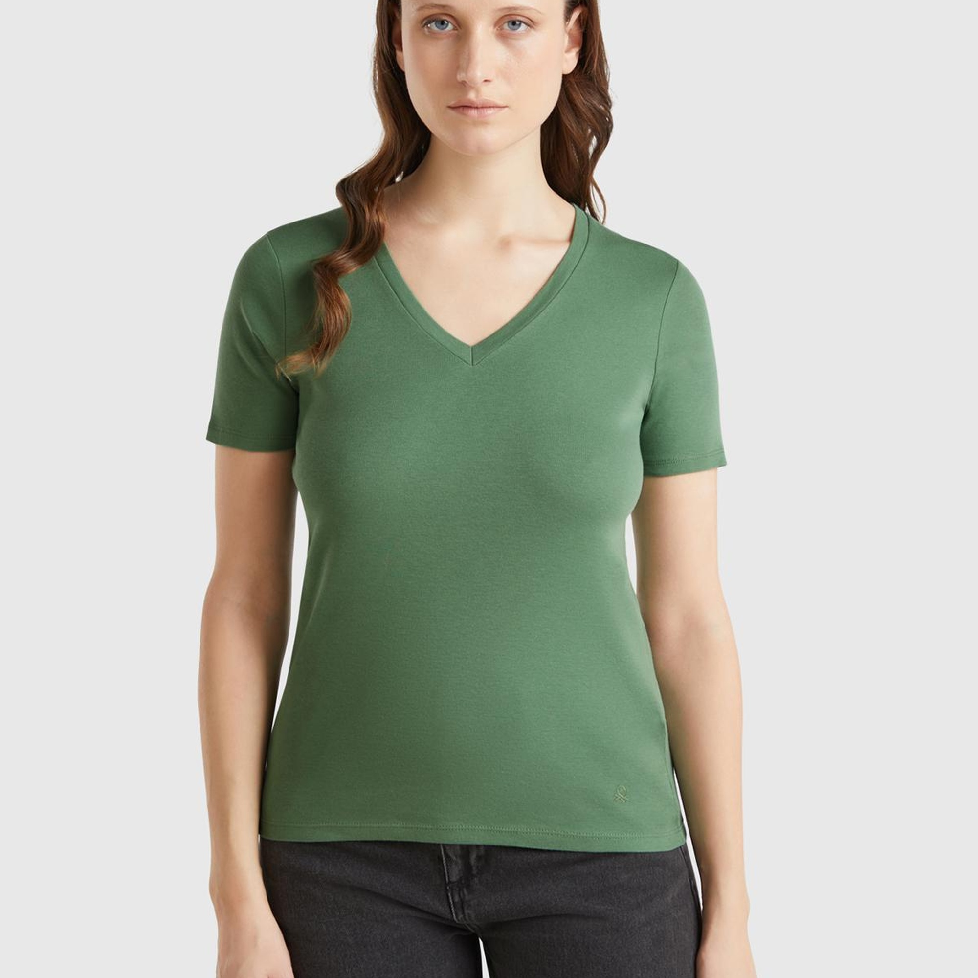 Kadın Açık Yeşil %100 Pamuk V Yaka Basic T-Shirt