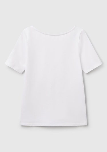  Kadın Beyaz Pamuk Karışımlı Örme Slim Fit Geniş Yaka T-Shirt