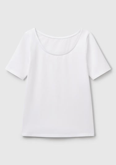  Kadın Beyaz Pamuk Karışımlı Örme Slim Fit Geniş Yaka T-Shirt