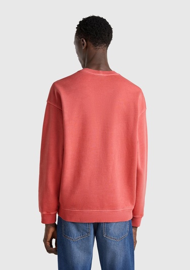  Erkek Mercan Pamuklu Logo Etiketi Detaylı Bisiklet Yaka Sweatshirt