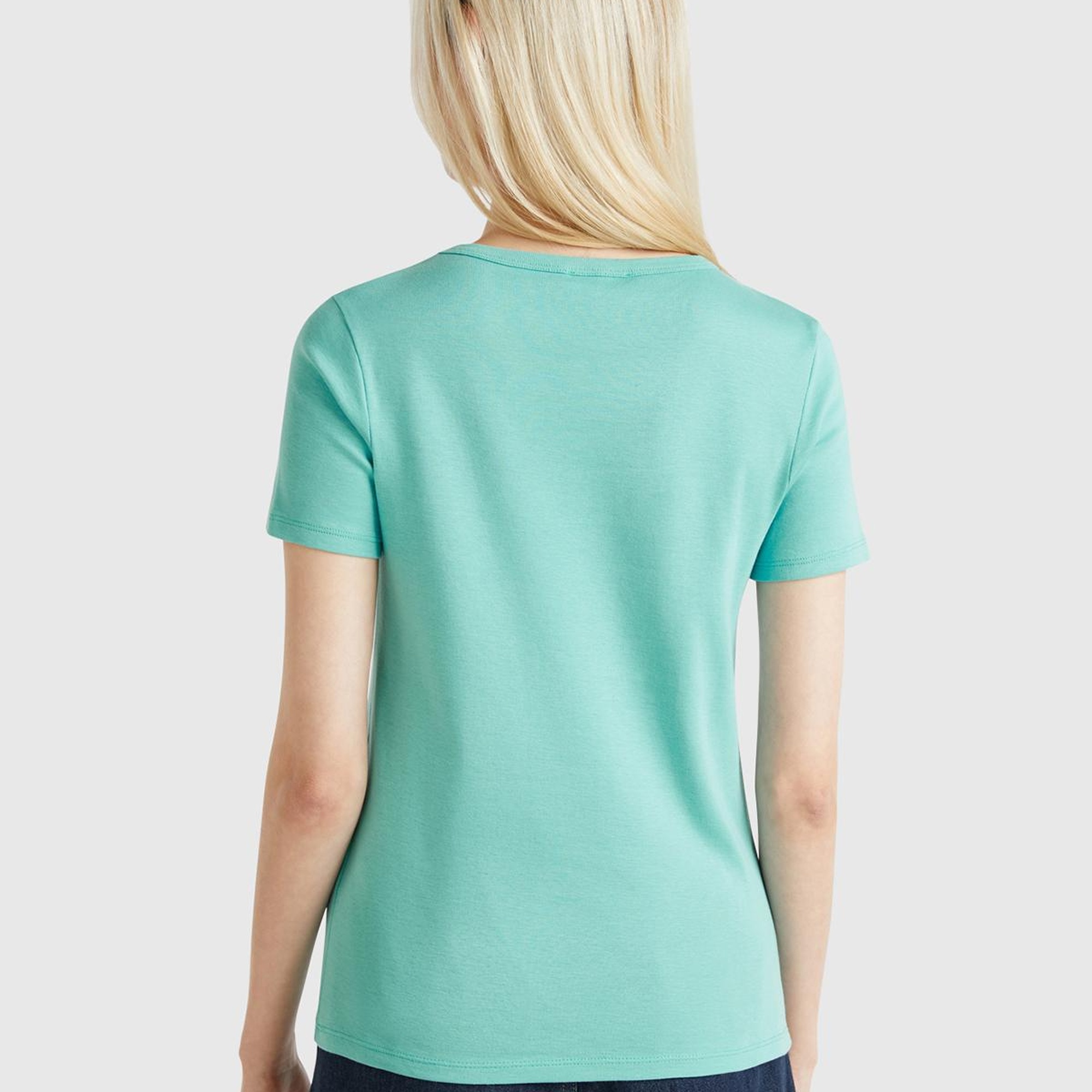 Kadın Buz Mavisi %100 Koton Benetton Yazılı Basic T-Shirt