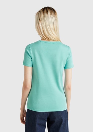  Kadın Buz Mavisi %100 Koton Benetton Yazılı Basic T-Shirt