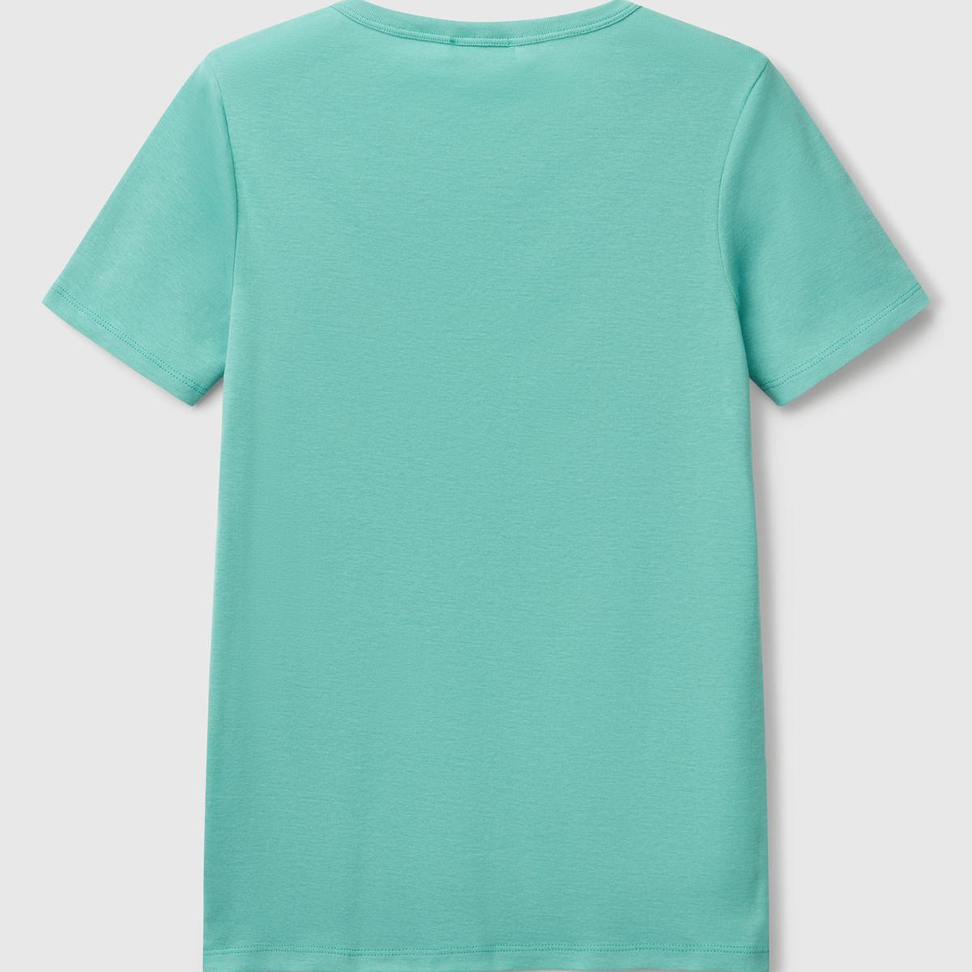Kadın Buz Mavisi %100 Koton Benetton Yazılı Basic T-Shirt