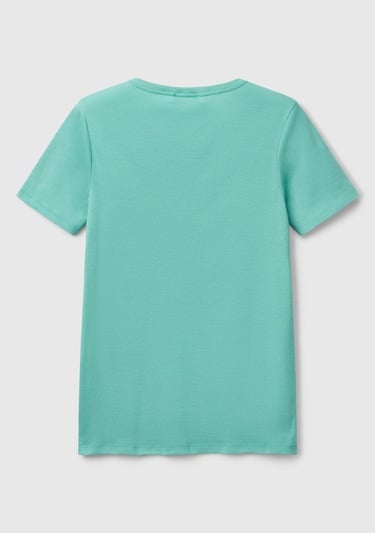  Kadın Buz Mavisi %100 Koton Benetton Yazılı Basic T-Shirt