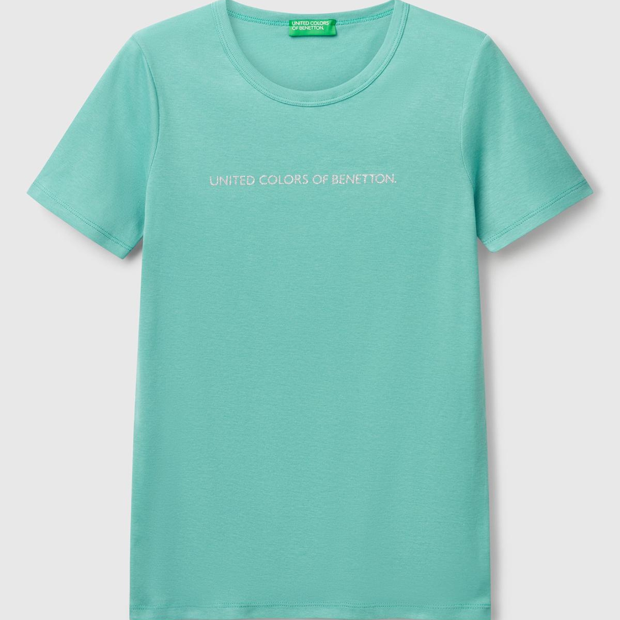 Kadın Buz Mavisi %100 Koton Benetton Yazılı Basic T-Shirt