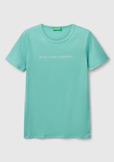  Kadın Buz Mavisi %100 Koton Benetton Yazılı Basic T-Shirt