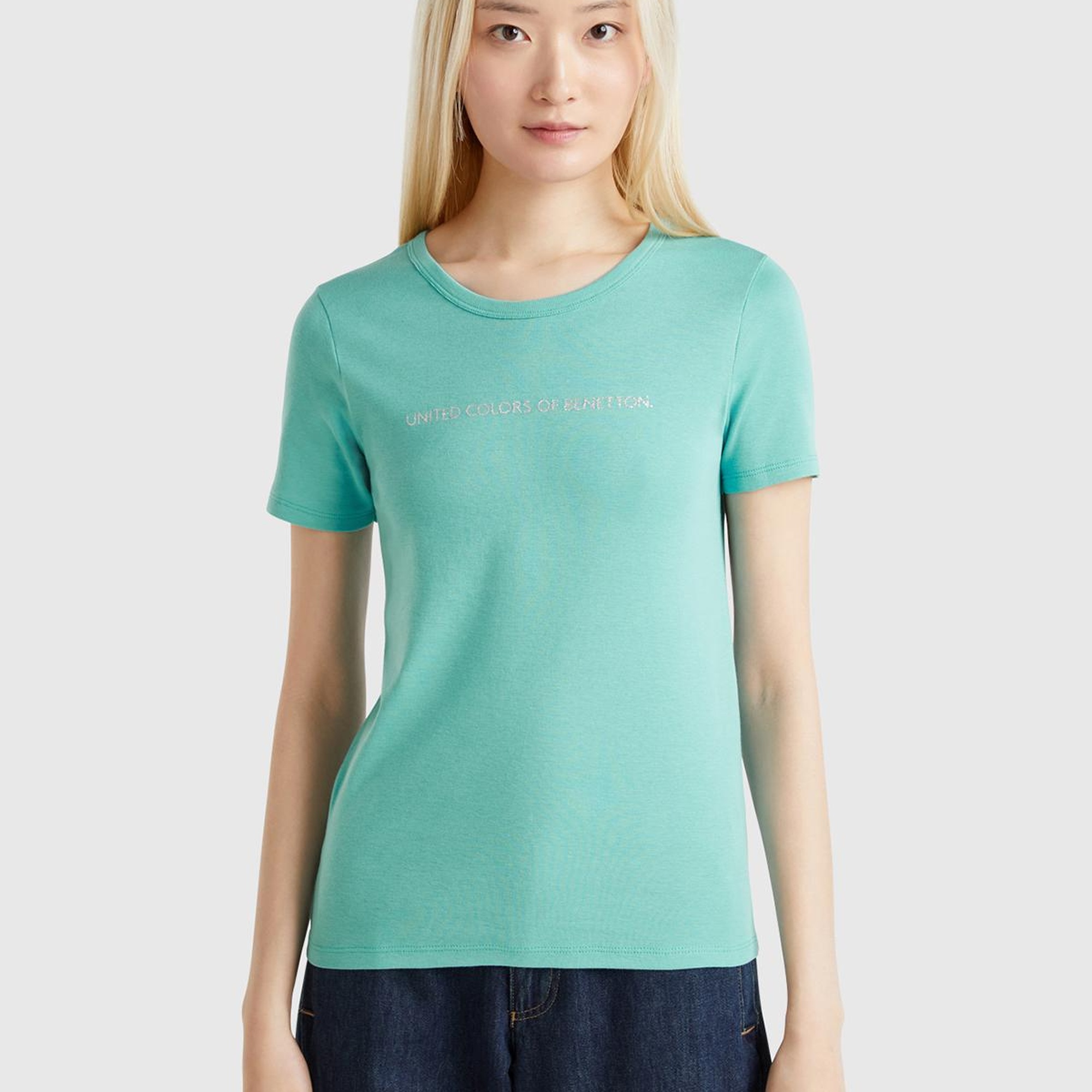 Kadın Buz Mavisi %100 Koton Benetton Yazılı Basic T-Shirt