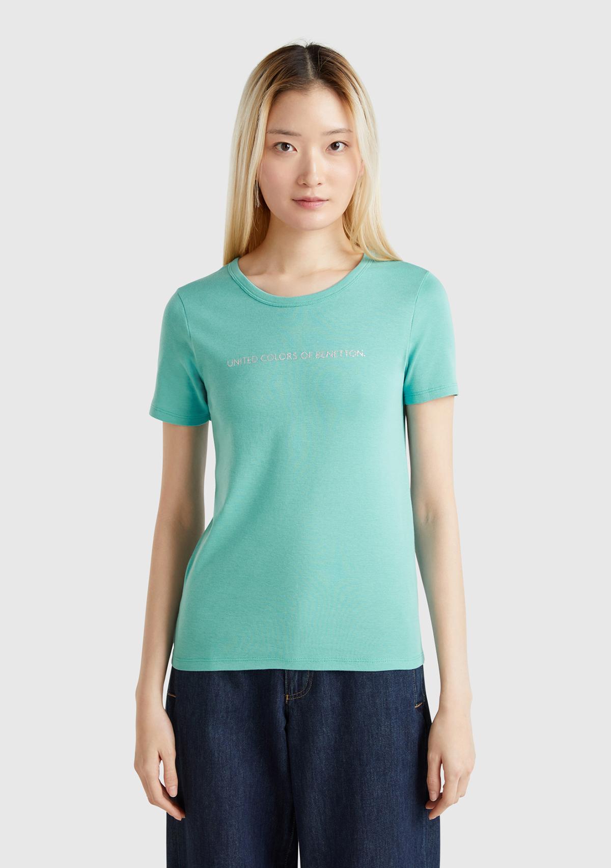  Kadın Buz Mavisi %100 Koton Benetton Yazılı Basic T-Shirt