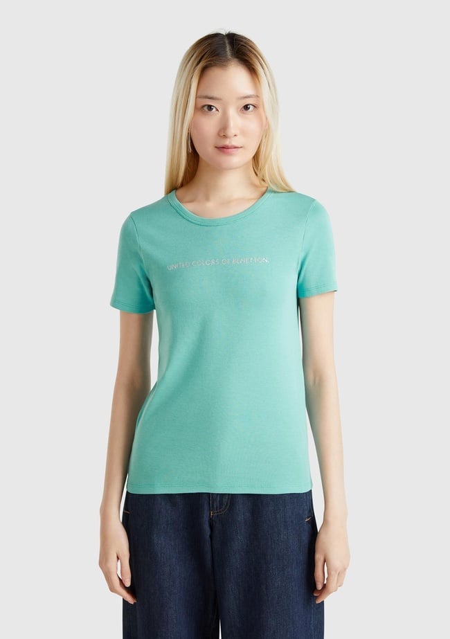  Kadın Buz Mavisi %100 Koton Benetton Yazılı Basic T-Shirt