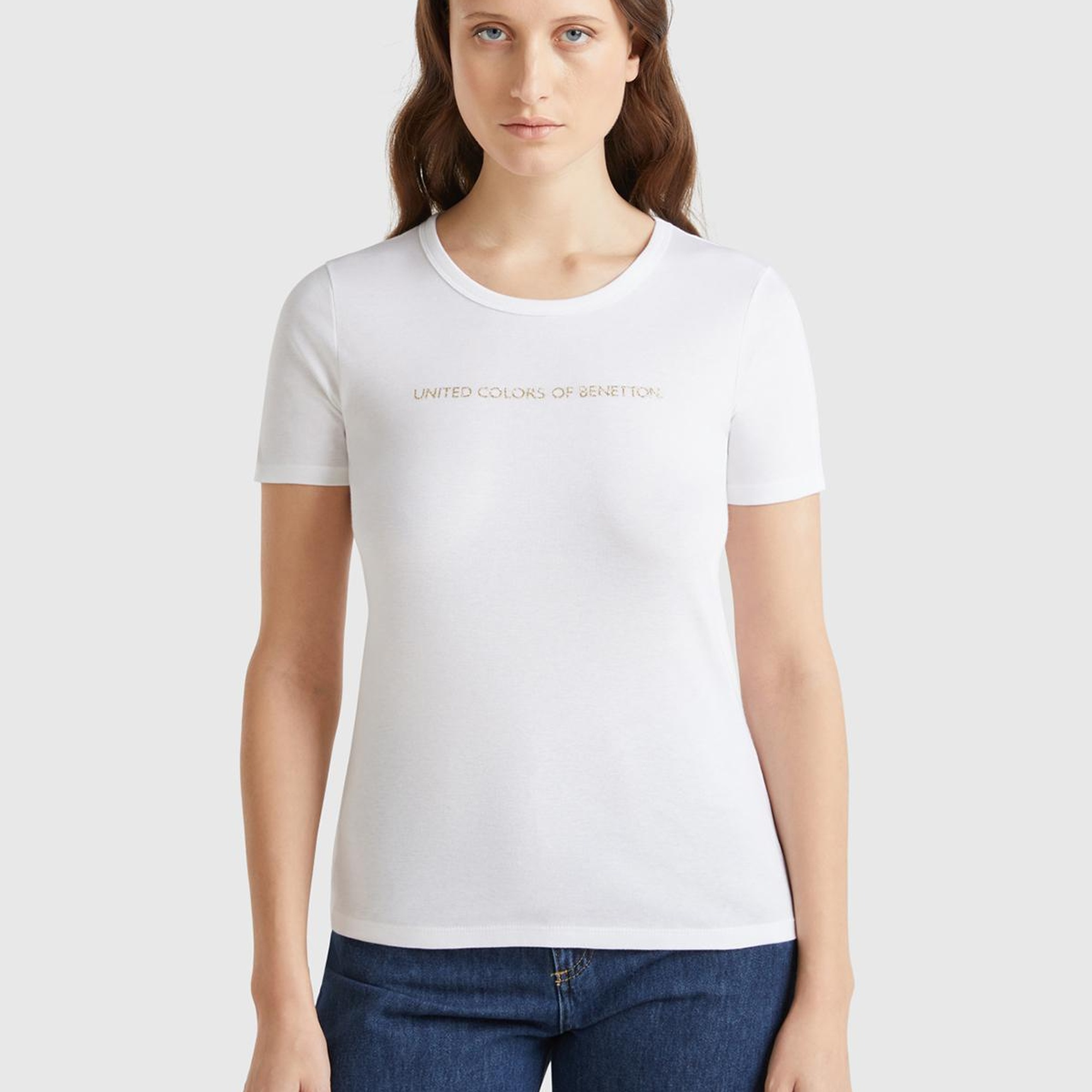 Kadın Beyaz %100 Koton Benetton Yazılı Basic T-Shirt