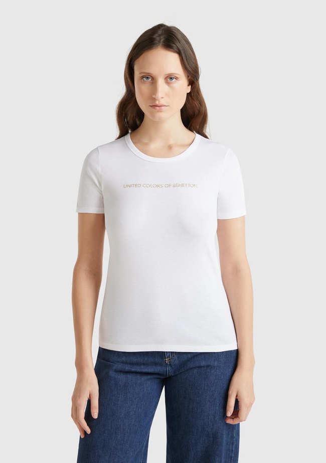  Kadın Beyaz %100 Koton Benetton Yazılı Basic T-Shirt