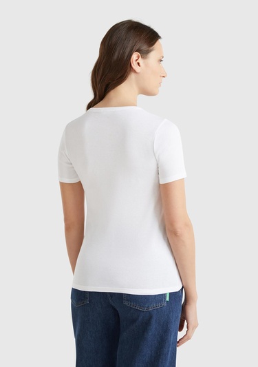  Kadın Beyaz %100 Koton Benetton Yazılı Basic T-Shirt
