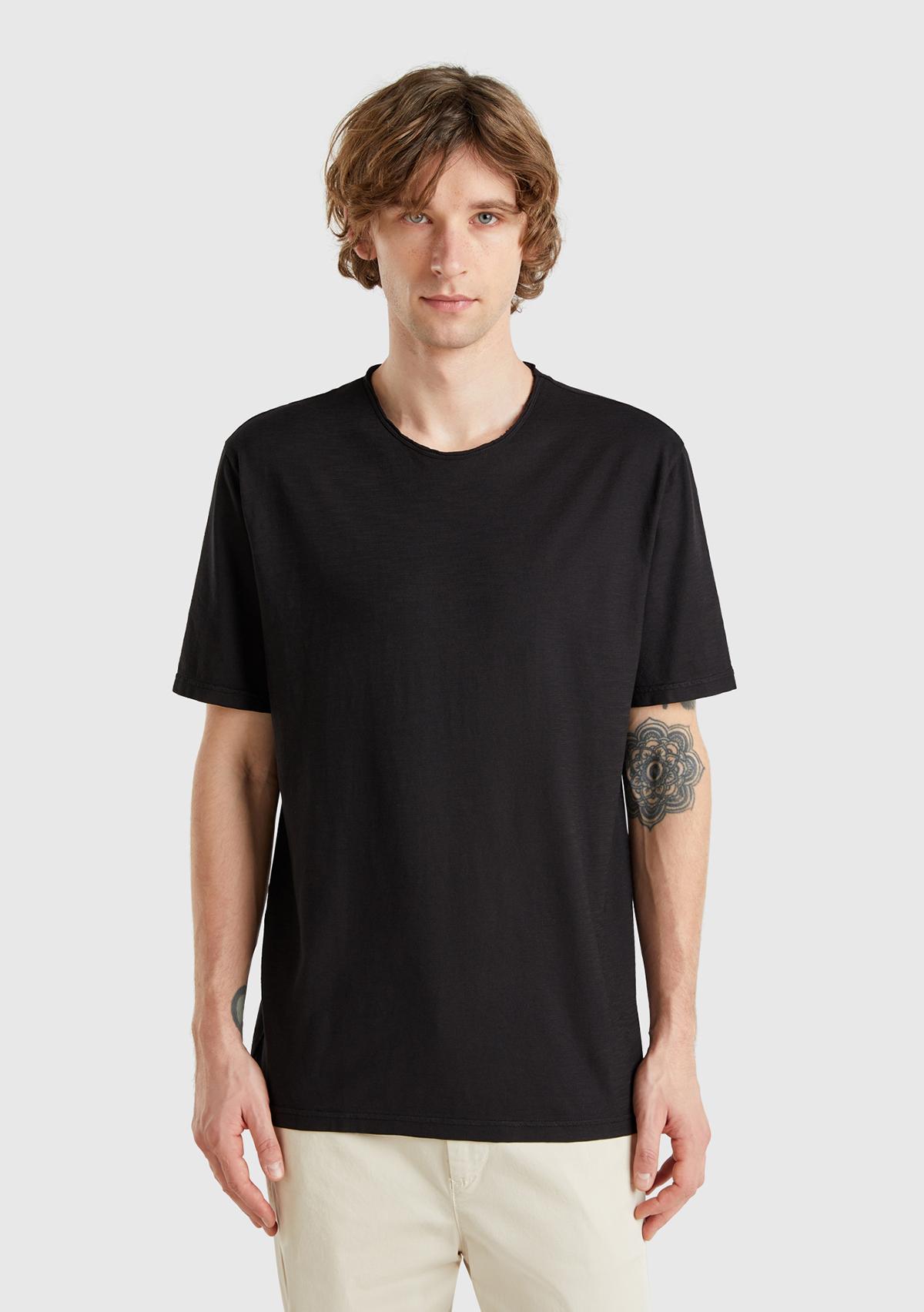  Erkek Siyah Bisiklet Yaka Slub T-shirt