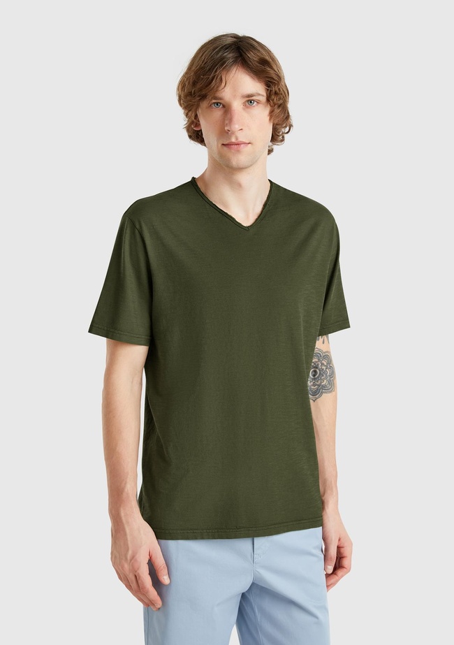  Erkek Koyu Yeşil V Yaka Slub T-shirt