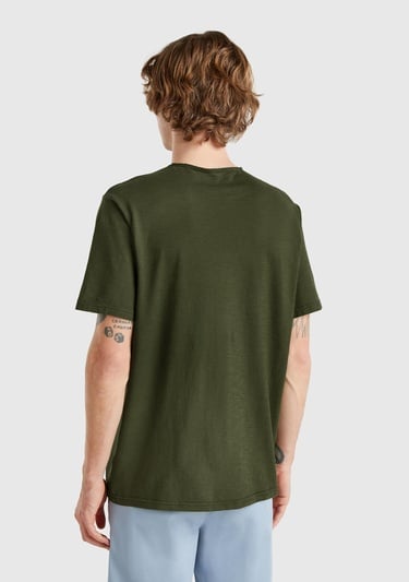  Erkek Koyu Yeşil V Yaka Slub T-shirt