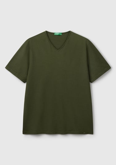  Erkek Koyu Yeşil V Yaka Slub T-shirt