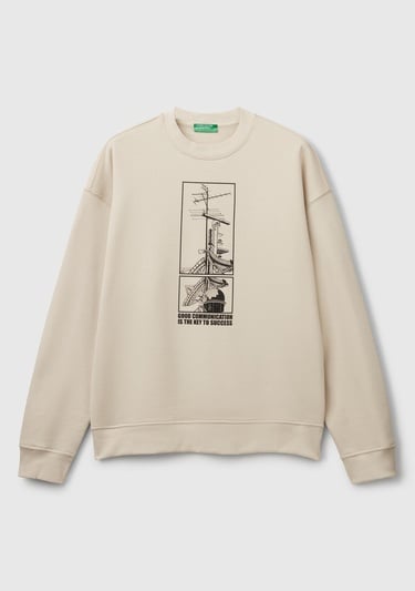  Erkek Taş Rengi Pamuk Karışımlı Önü Baskılı Relax Fit Sweatshirt