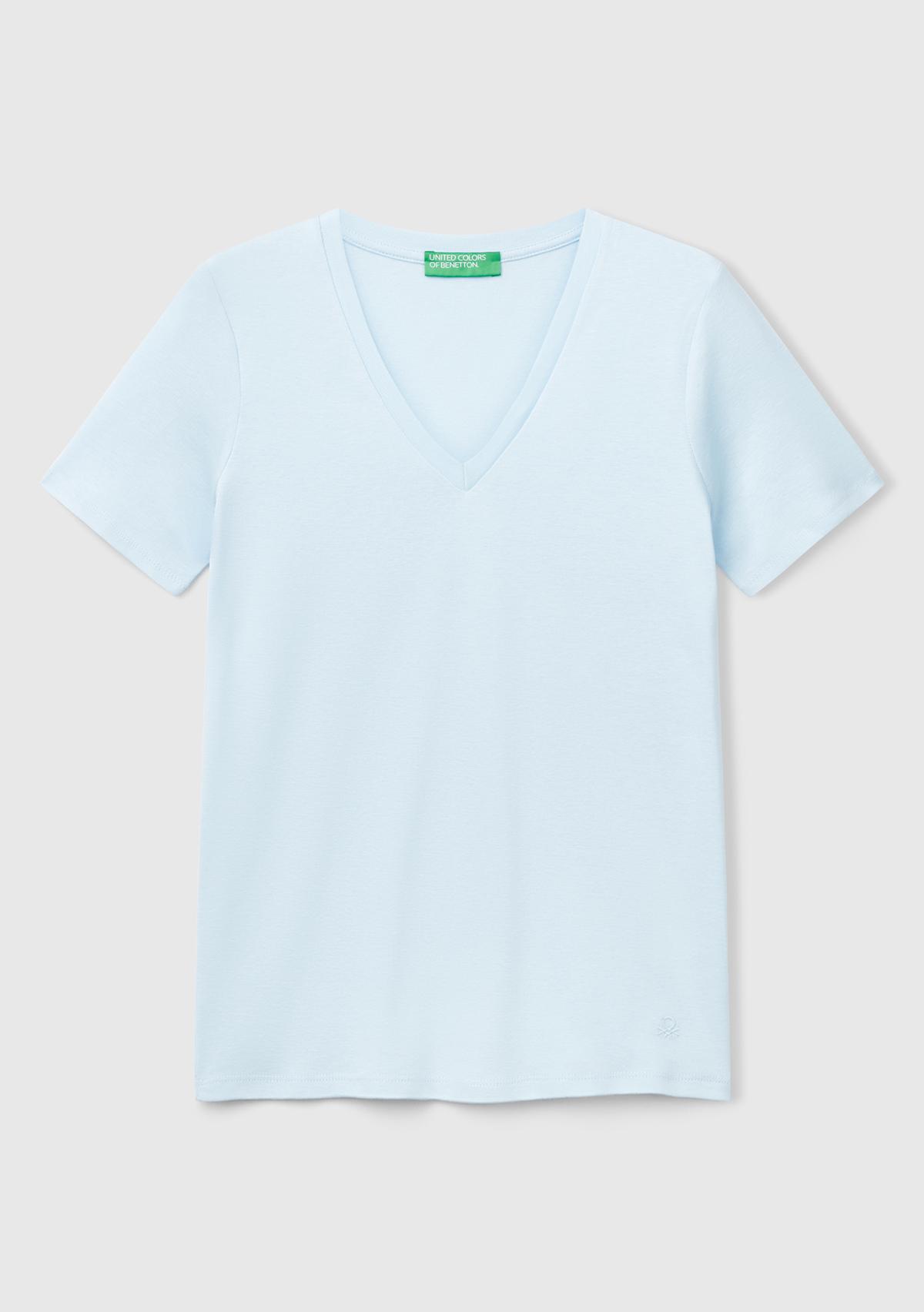  Kadın Açık Mavi %100 Pamuk V Yaka Basic T-Shirt