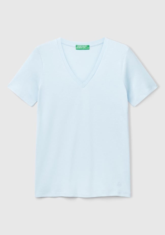  Kadın Açık Mavi %100 Pamuk V Yaka Basic T-Shirt