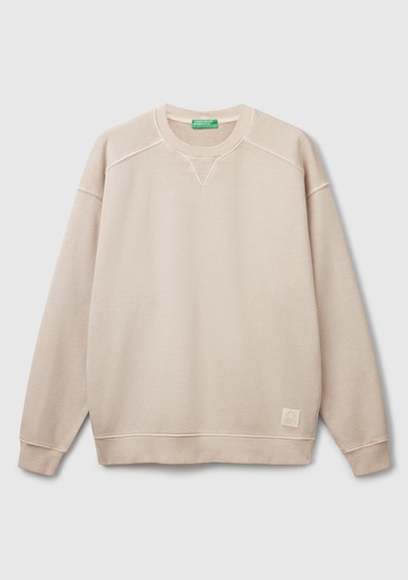  Erkek Taş Rengi Pamuklu Logo Etiketi Detaylı Bisiklet Yaka Sweatshirt