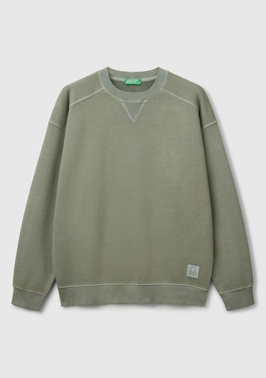  Erkek Yeşil Pamuklu Logo Etiketi Detaylı Bisiklet Yaka Sweatshirt