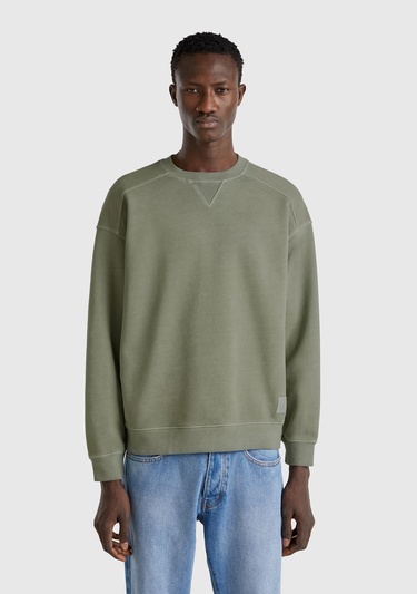  Erkek Yeşil Pamuklu Logo Etiketi Detaylı Bisiklet Yaka Sweatshirt