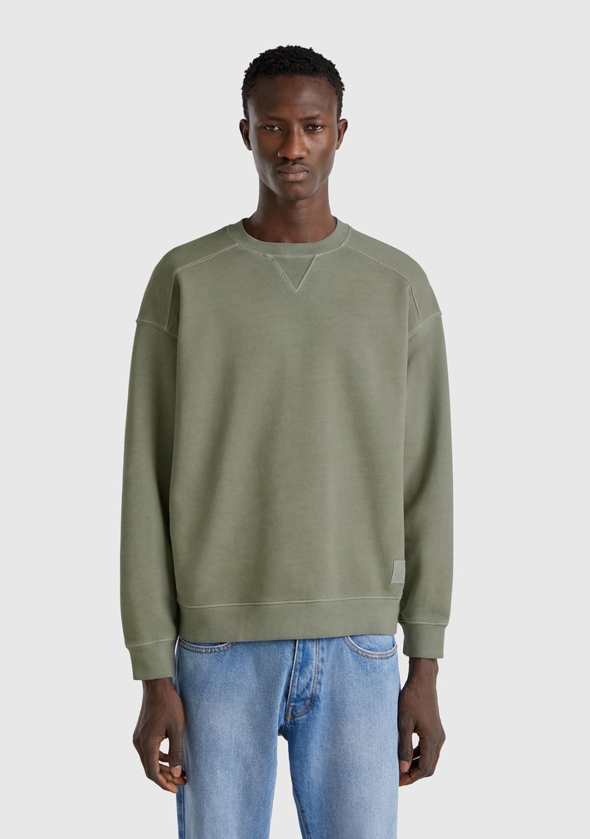  Erkek Yeşil Pamuklu Logo Etiketi Detaylı Bisiklet Yaka Sweatshirt