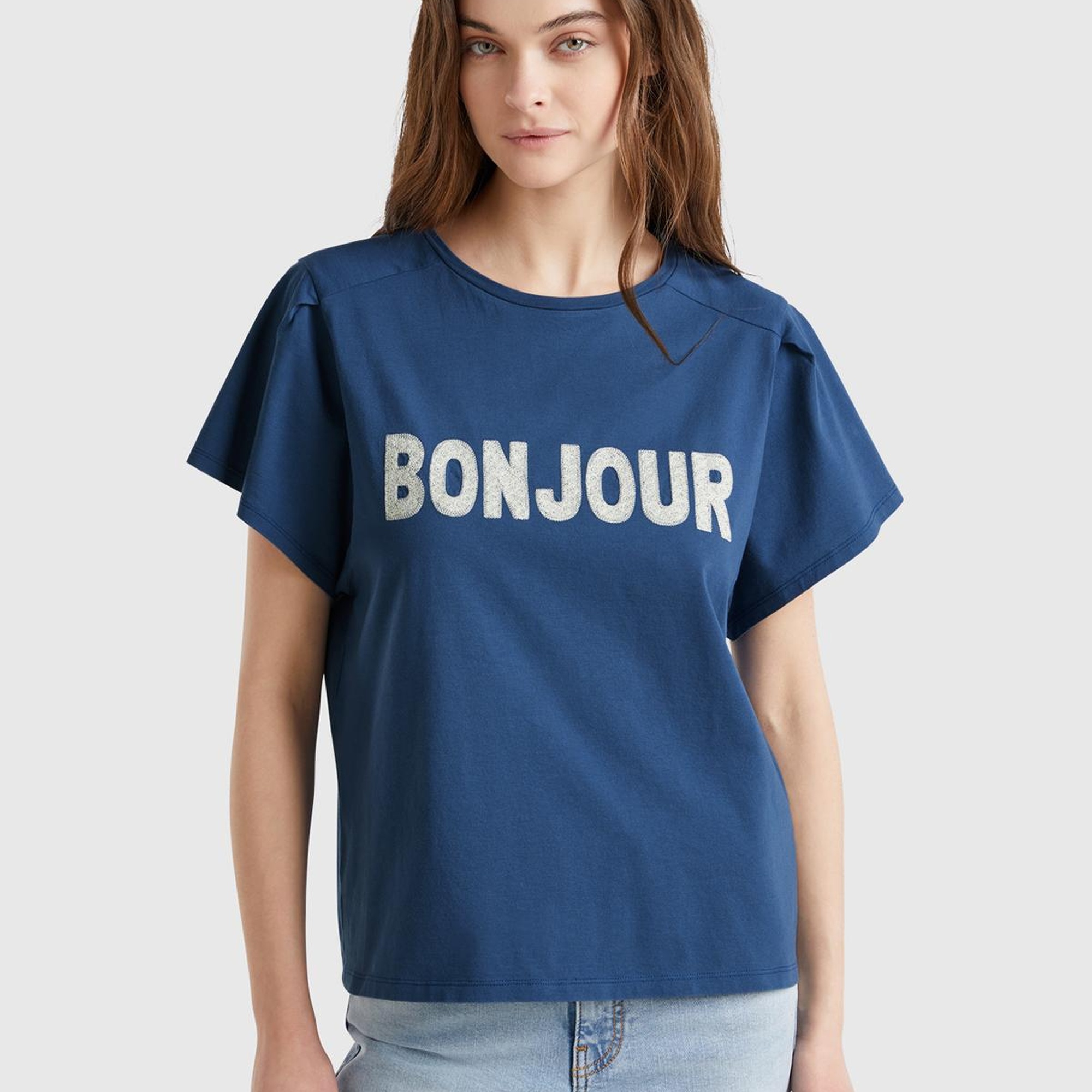 Kadın Denim %100 Pamuk Önü Yazı Baskılı Relax Fit T-Shirt