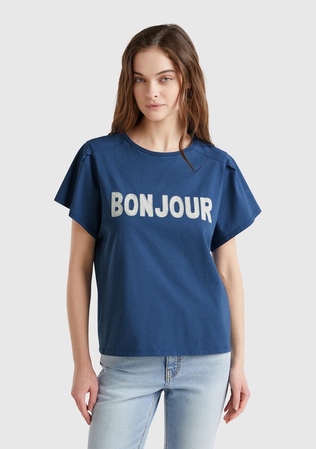  Kadın Denim %100 Pamuk Önü Yazı Baskılı Relax Fit T-Shirt