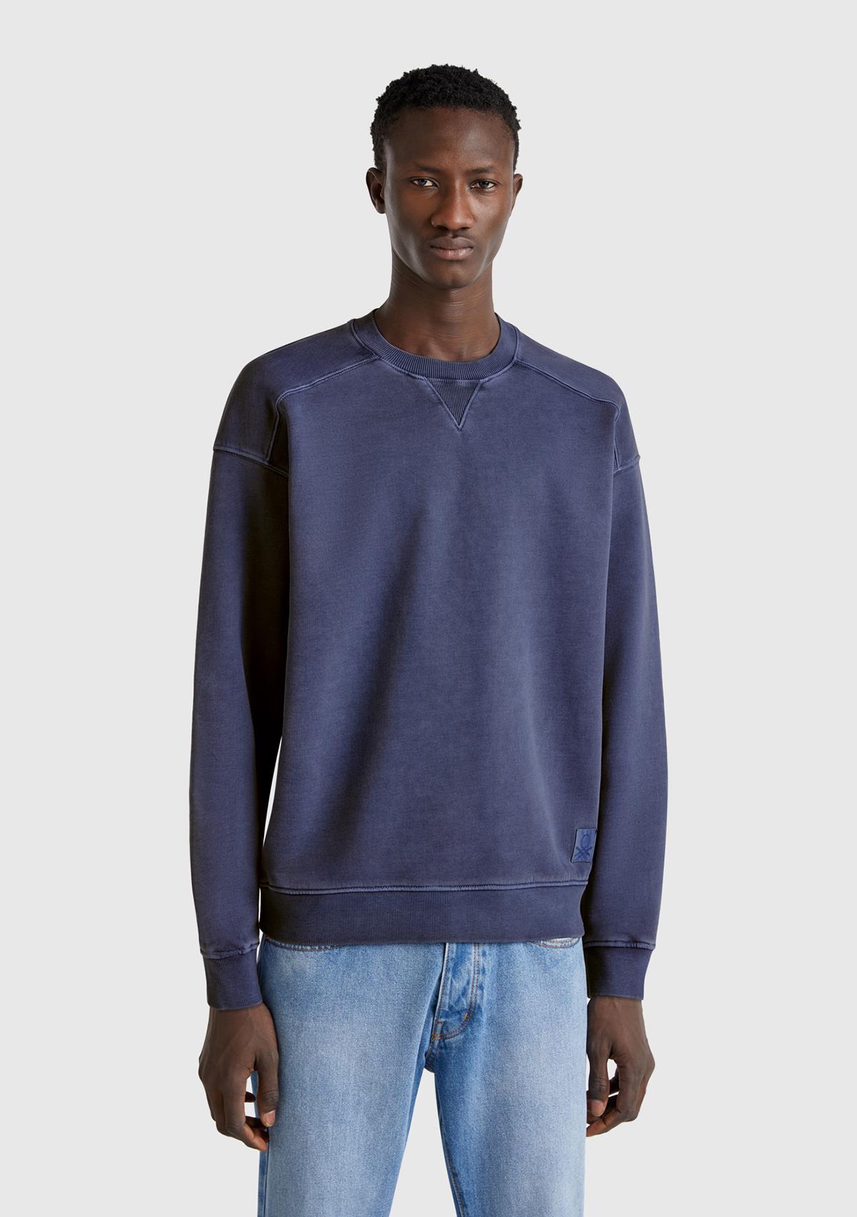  Erkek İndigo Pamuklu Logo Etiketi Detaylı Bisiklet Yaka Sweatshirt