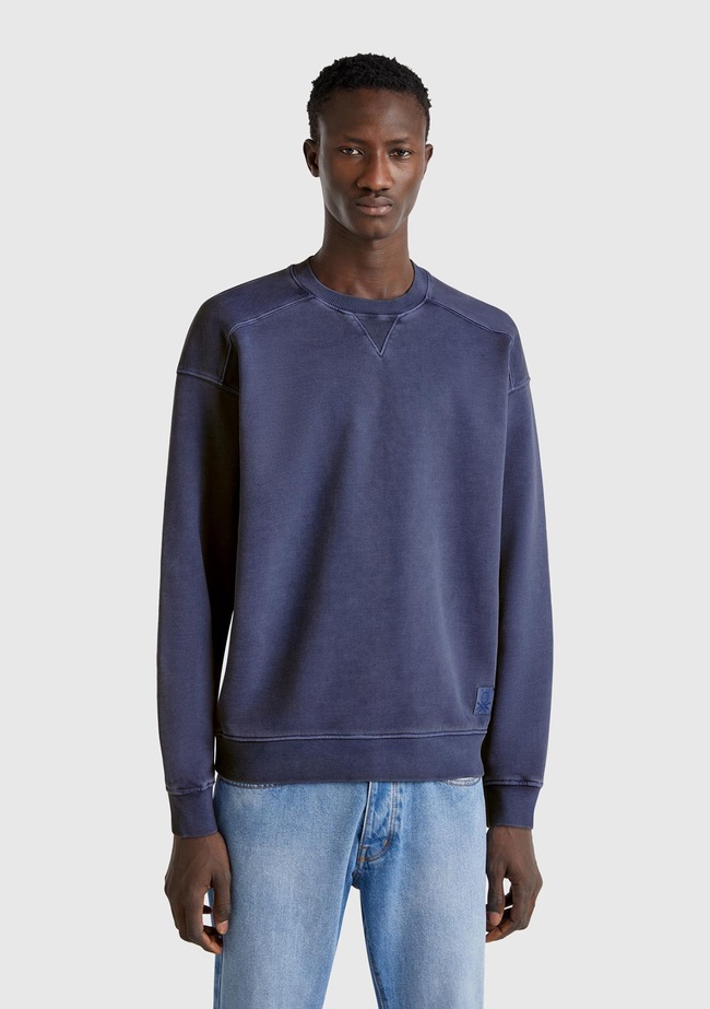  Erkek İndigo Pamuklu Logo Etiketi Detaylı Bisiklet Yaka Sweatshirt