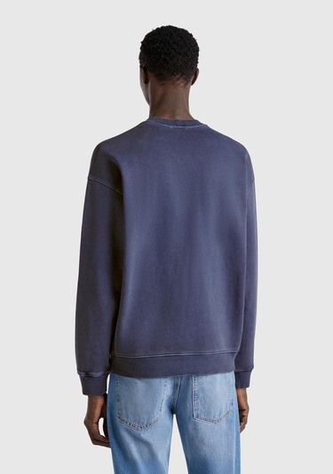  Erkek İndigo Pamuklu Logo Etiketi Detaylı Bisiklet Yaka Sweatshirt