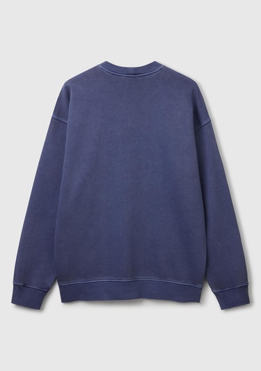  Erkek İndigo Pamuklu Logo Etiketi Detaylı Bisiklet Yaka Sweatshirt