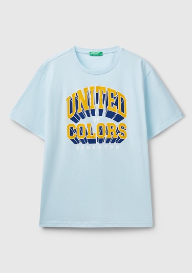  Erkek Açık Mavi %100 Pamuk Önü Logo Baskılı Relax Fit T-Shirt