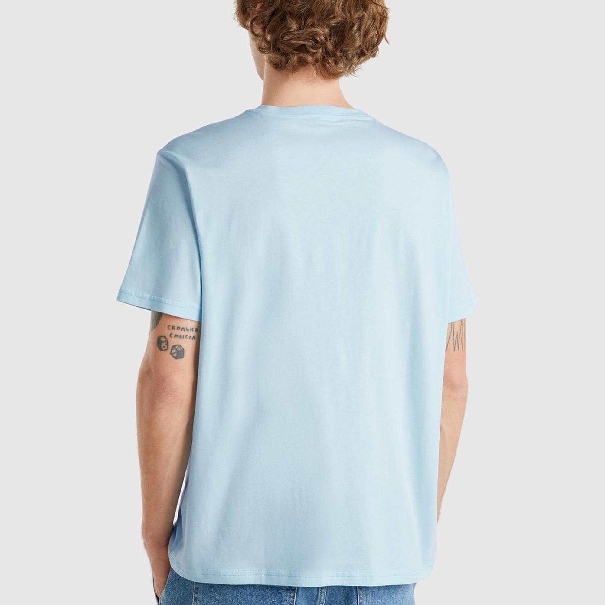 Erkek Açık Mavi %100 Pamuk Önü Logo Baskılı Relax Fit T-Shirt