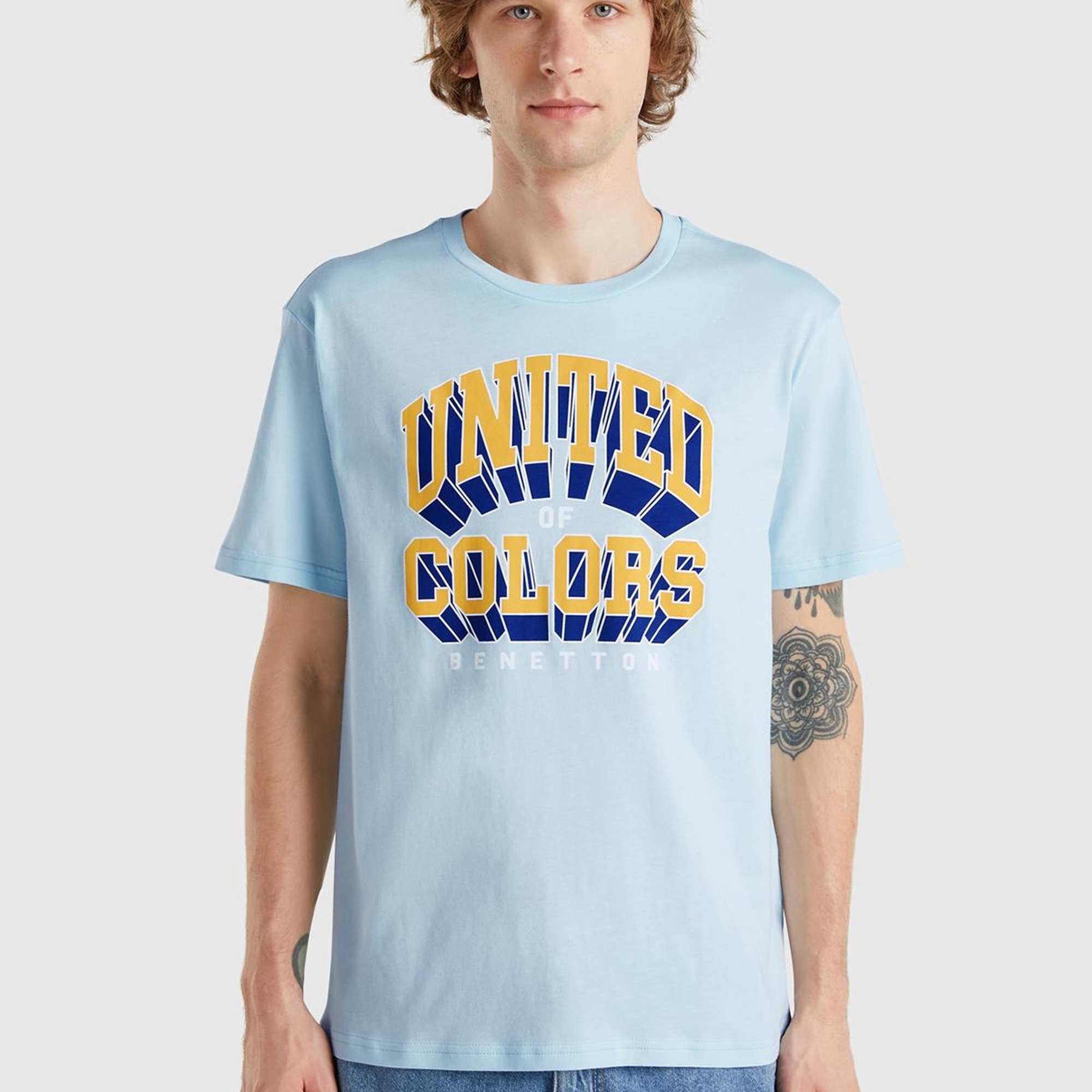 Erkek Açık Mavi %100 Pamuk Önü Logo Baskılı Relax Fit T-Shirt