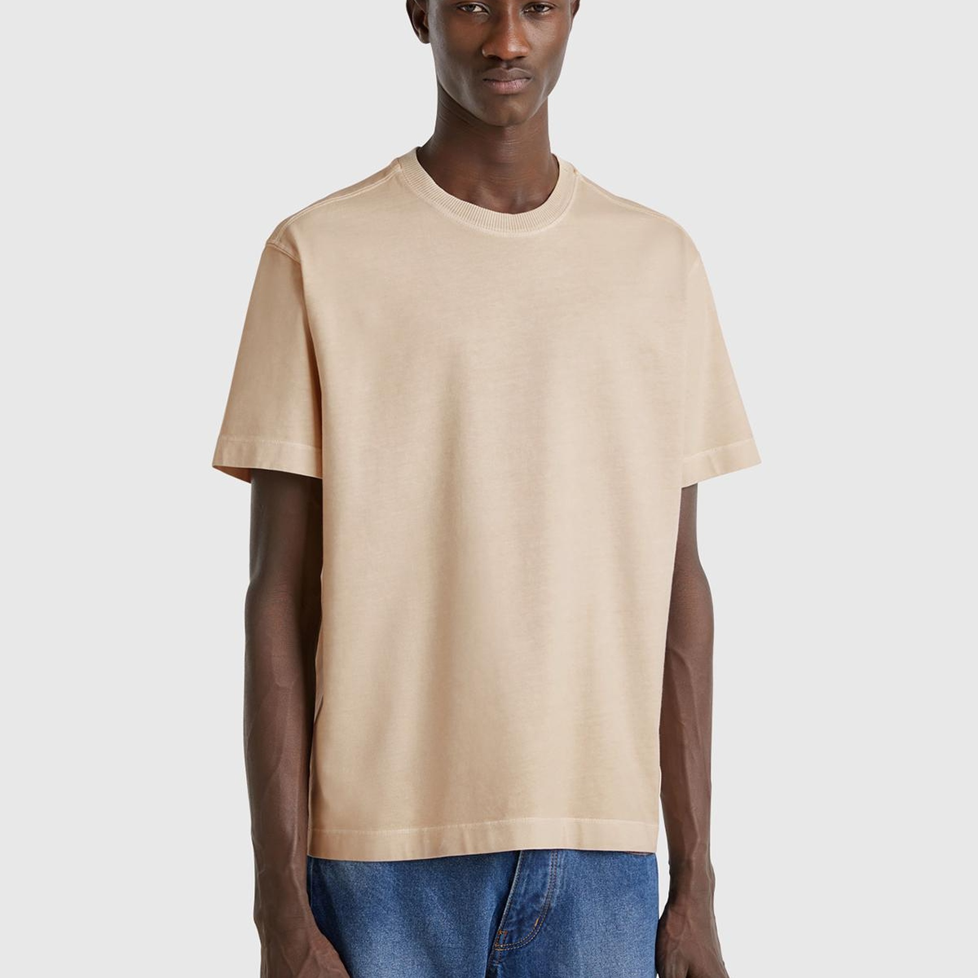 Erkek Taş Rengi %100 Pamuk Logo Baskılı Relax Fit T-Shirt