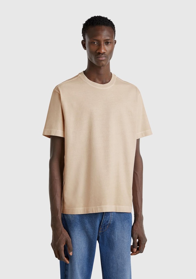  Erkek Taş Rengi %100 Pamuk Logo Baskılı Relax Fit T-Shirt