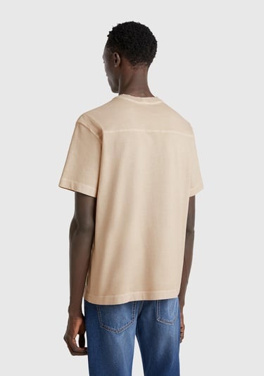  Erkek Taş Rengi %100 Pamuk Logo Baskılı Relax Fit T-Shirt