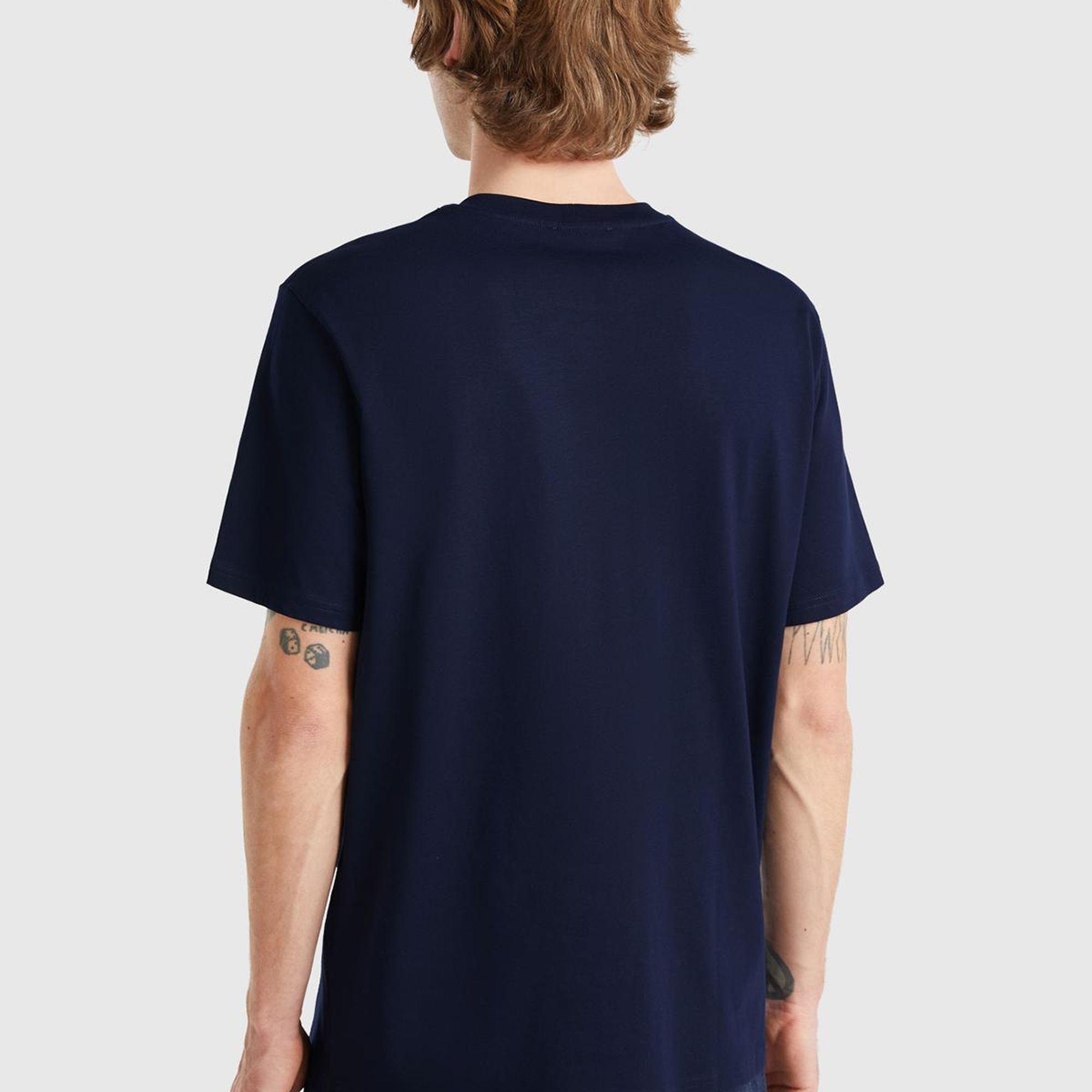 Erkek Lacivert %100 Koton Benetton Logolu Bisiklet Yaka T-Shirt