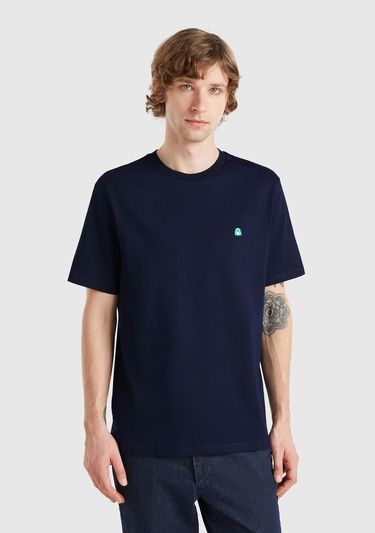  Erkek Lacivert %100 Koton Benetton Logolu Bisiklet Yaka T-Shirt