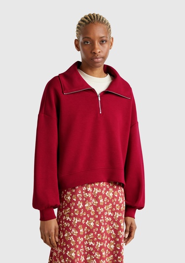  Kadın Bordo Modal Karışımlı Yarım Fermuarlı Polo Yaka Sweatshirt