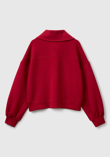  Kadın Bordo Modal Karışımlı Yarım Fermuarlı Polo Yaka Sweatshirt