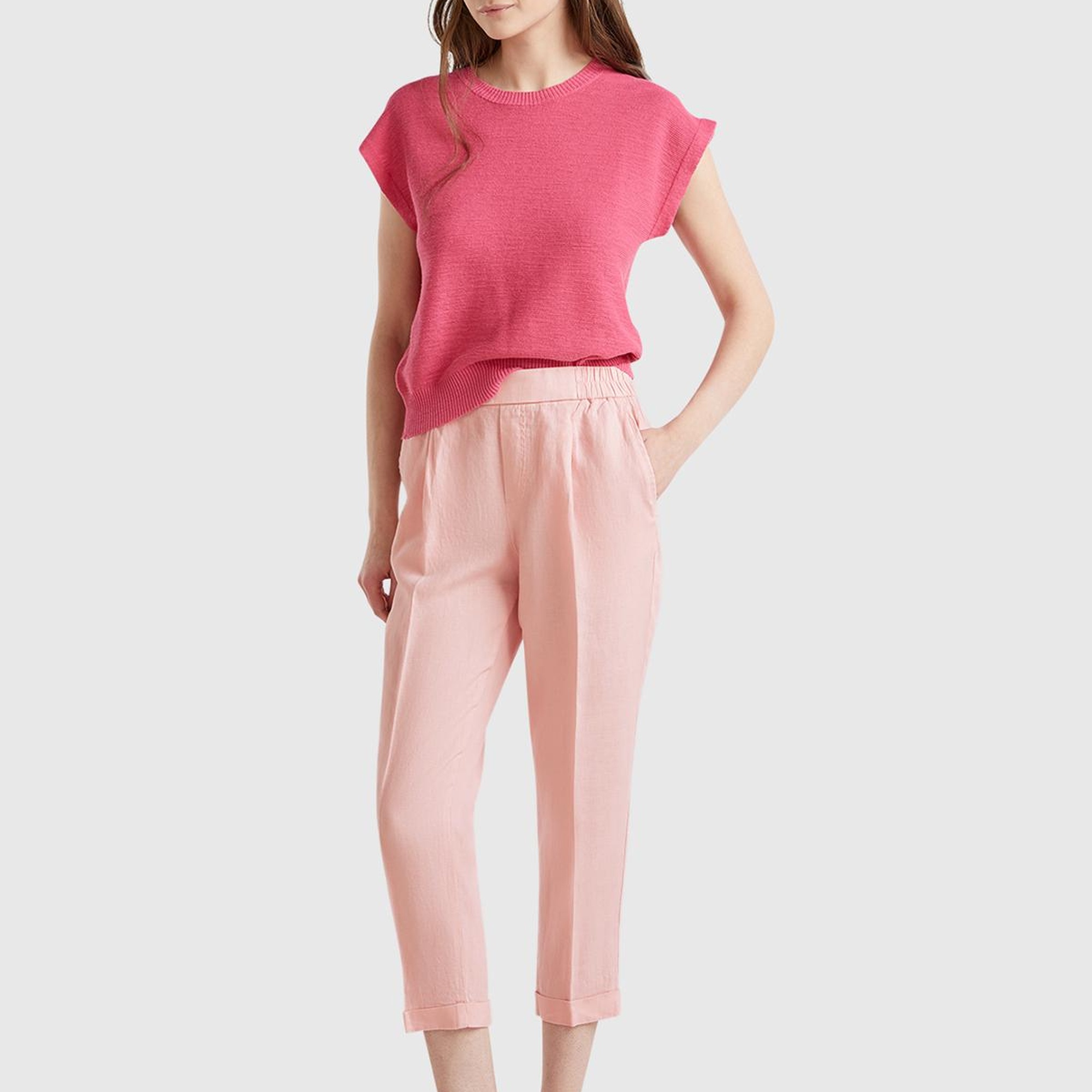 Kadın Pembe %100 Keten Beli Lastikli Pantolon